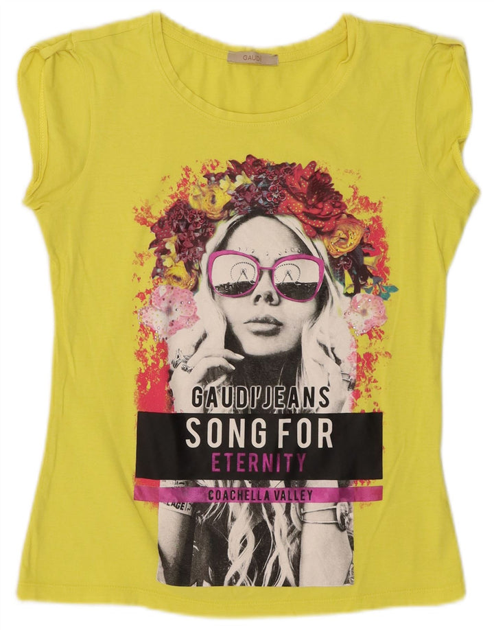 Camiseta feminina Gaudi com estampa gráfica pequena de algodão amarelo
