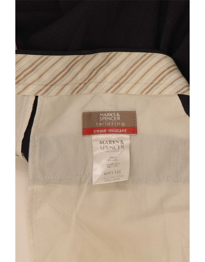 Calça masculina de terno reto Marks & Spencer W38 L33 azul marinho poliéster