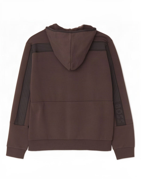 Suéter masculino Hugo Boss com capuz e zíper gráfico grande bloco colorido marrom
