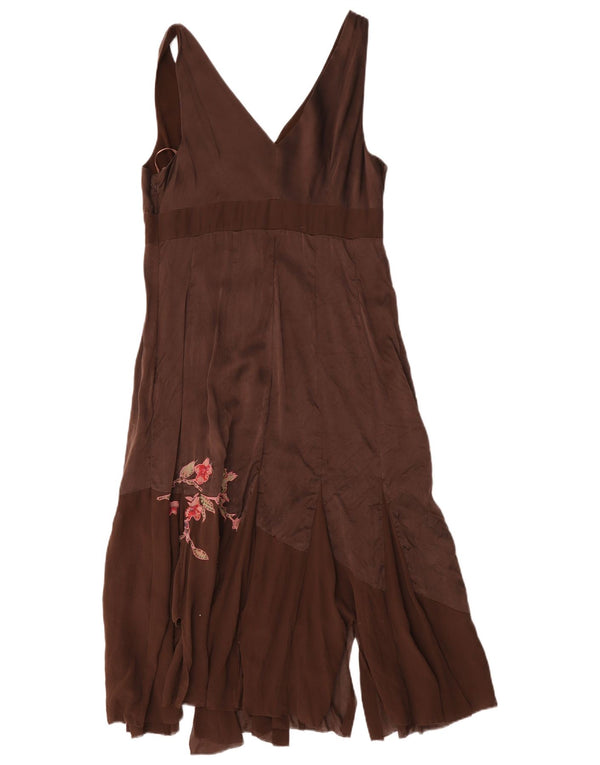 Vestido feminino assimétrico sem mangas da Coast Reino Unido 14 seda floral marrom médio