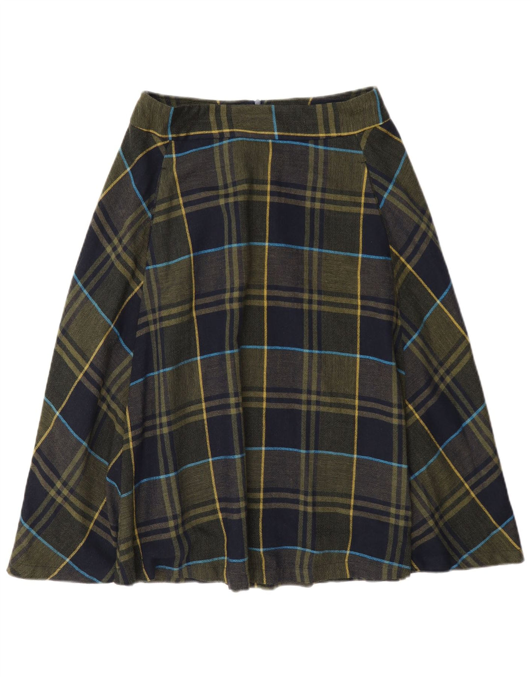 Saia larga feminina Benetton Reino Unido 8 pequena W27 cáqui xadrez viscose