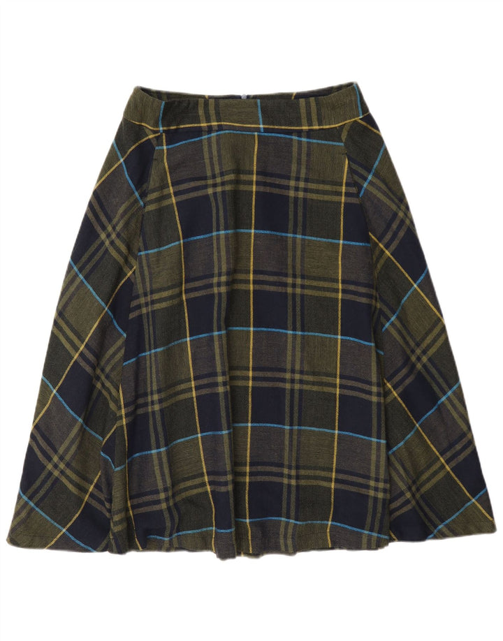 Saia larga feminina Benetton Reino Unido 8 pequena W27 cáqui xadrez viscose