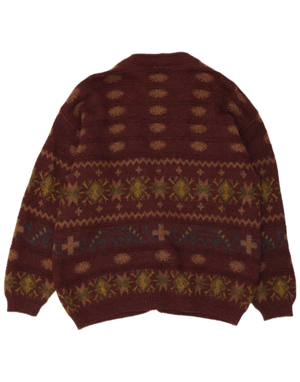 Suéter cardigã masculino vintage IT 50 marrom médio lã de alpaca Fair Isle