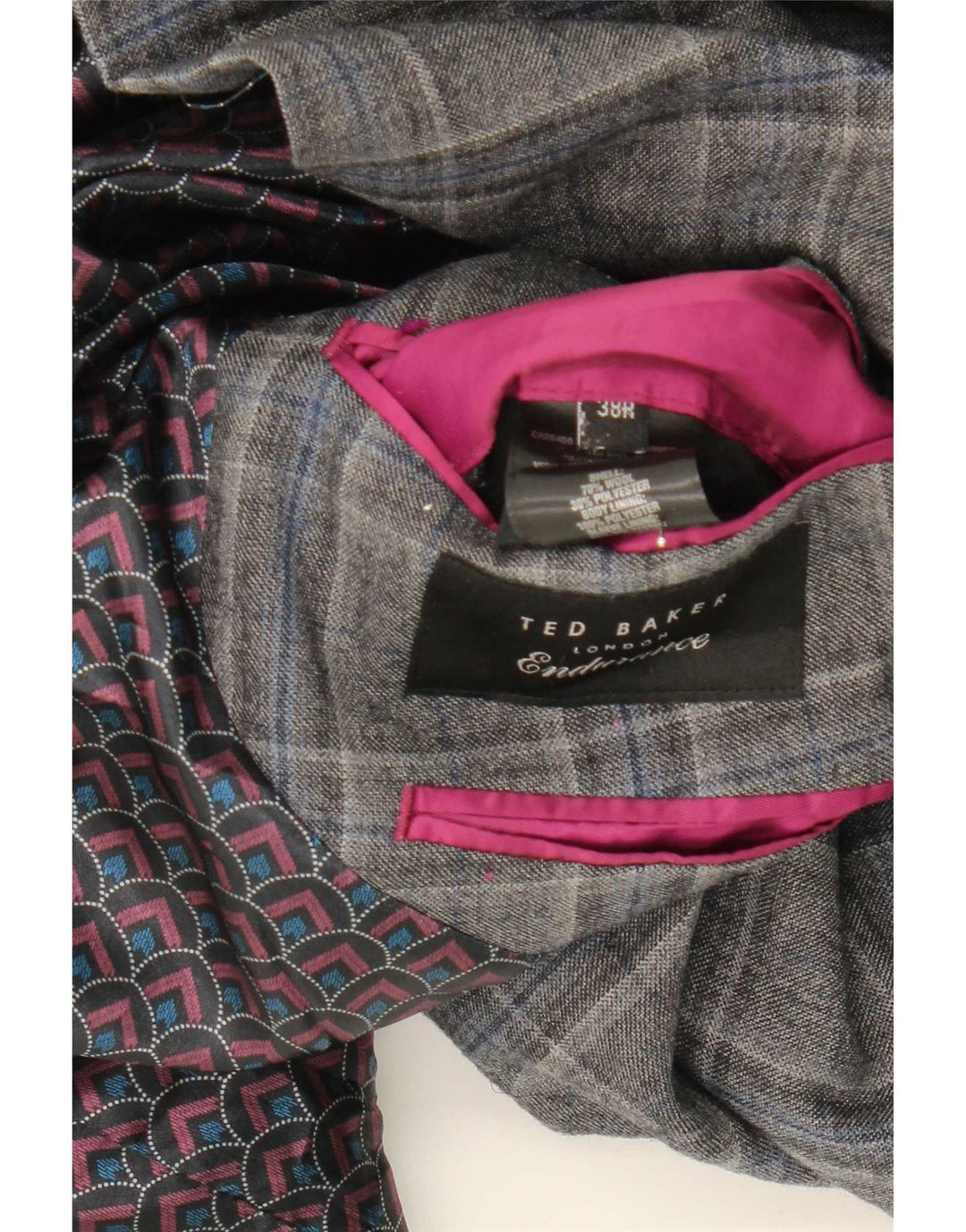 Jaqueta blazer masculina de 2 botões Ted Baker Reino Unido 38 lã xadrez cinza médio