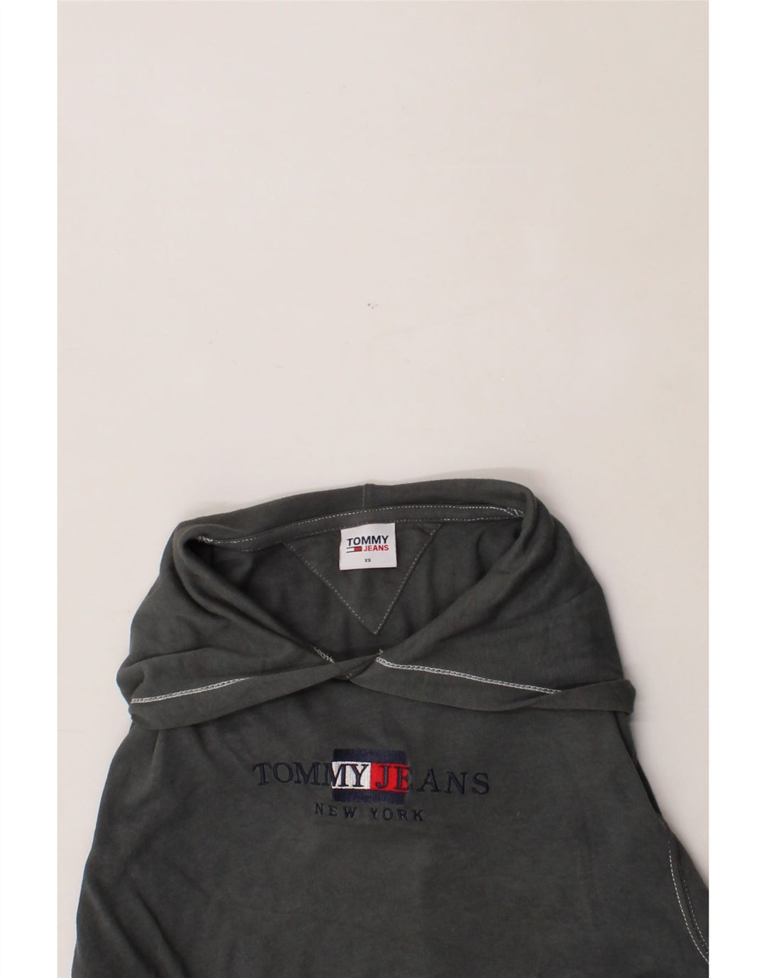 TOMMY HILFIGER Womens Oversized Graphic Crop Hoodie Jumper UK 6 XS Grey Vintage Tommy Hilfiger and Second-Hand Tommy Hilfiger from Messina Hembry 