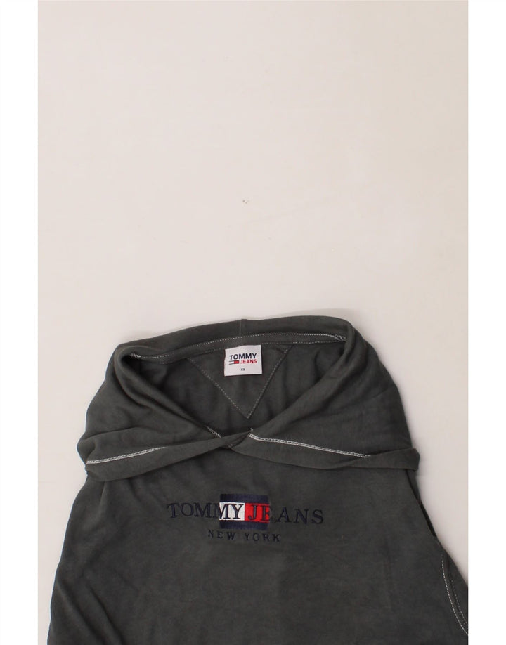 TOMMY HILFIGER Womens Oversized Graphic Crop Hoodie Jumper UK 6 XS Grey Vintage Tommy Hilfiger and Second-Hand Tommy Hilfiger from Messina Hembry 