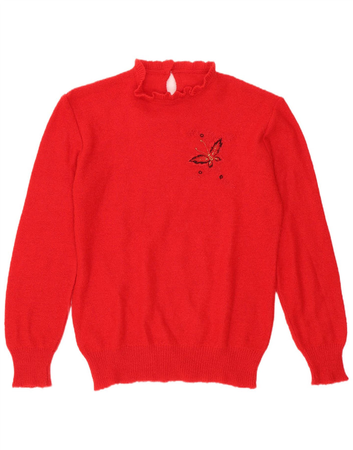 Suéter feminino vintage com gola tartaruga Reino Unido 14 borboleta vermelha média