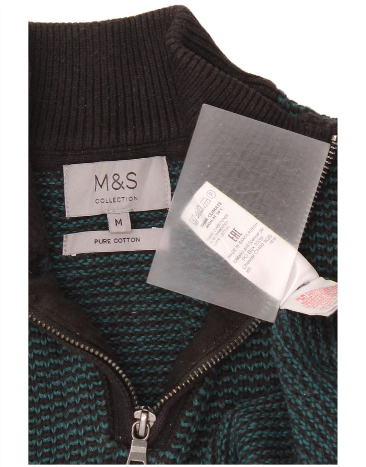Suéter masculino Marks & Spencer com zíper e gola em algodão listrado verde médio
