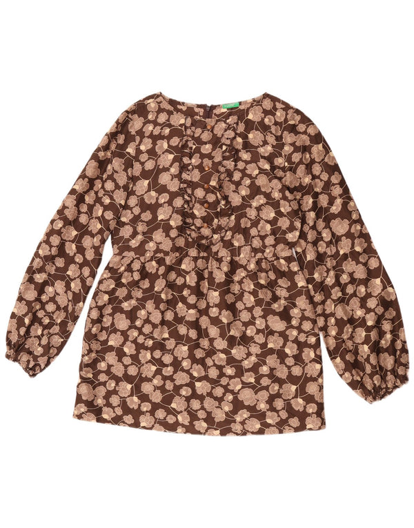 Blusa feminina de manga comprida Benetton UK 10 pequena seda floral marrom
