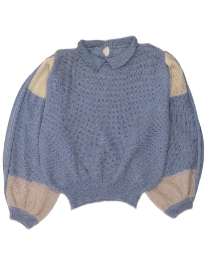 Suéter feminino vintage com gola polo IT 44 bloco colorido azul médio