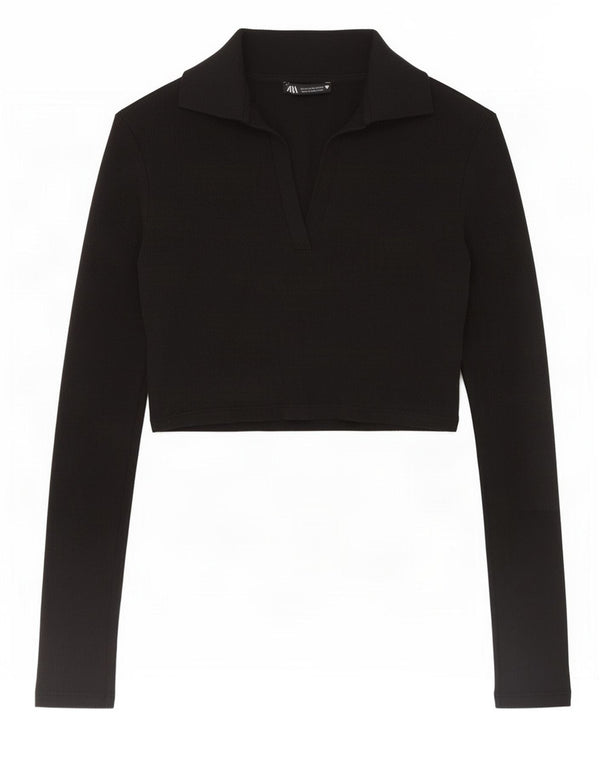 Camisa polo feminina de manga comprida Zara Reino Unido 12 algodão preto médio