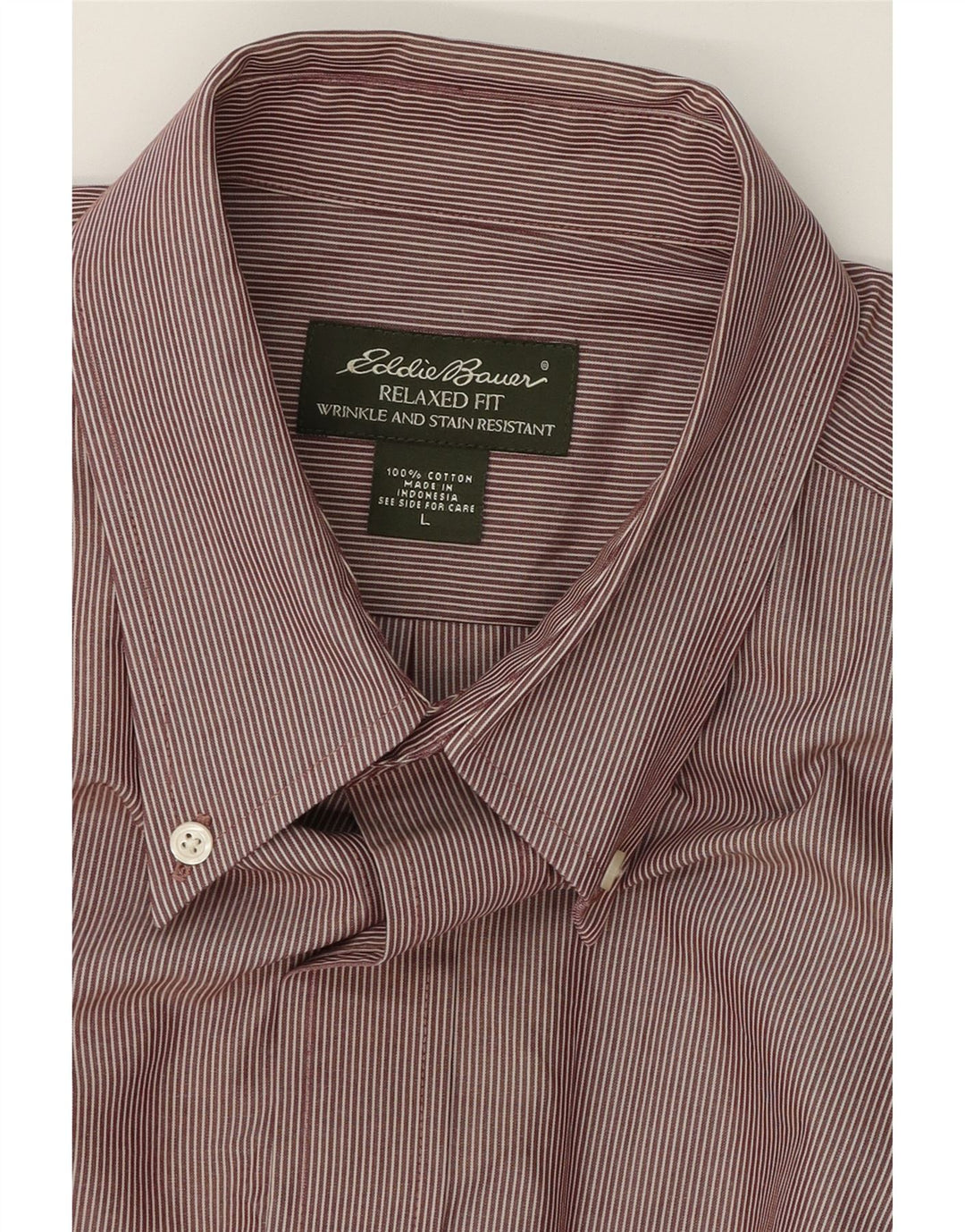EDDIE BAUER Mens Relaxed Fit Shirt Large Brown Pinstripe Cotton Vintage Eddie Bauer and Second-Hand Eddie Bauer from Messina Hembry 