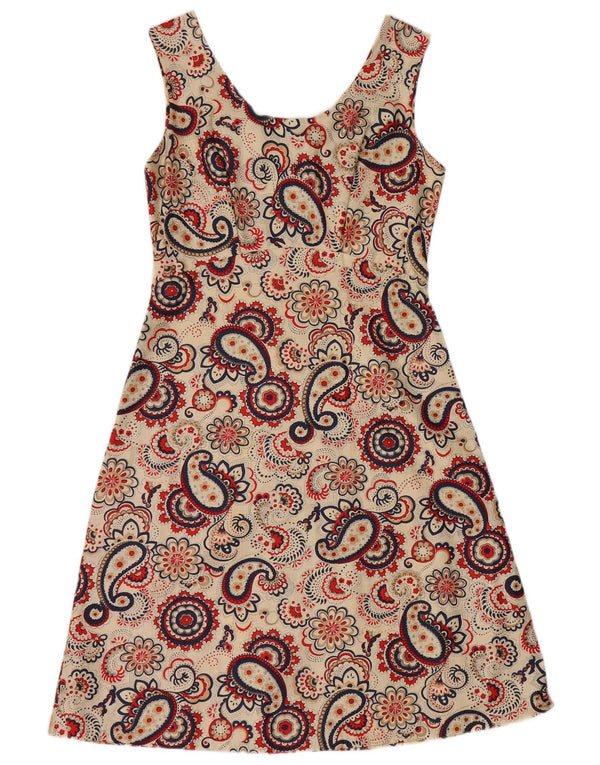 Vestido feminino vintage sem mangas evasê UK 10 pequeno bege paisley