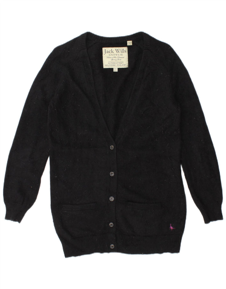 Suéter cardigã feminino grande Jack Wills Reino Unido 10 pequeno angorá preto