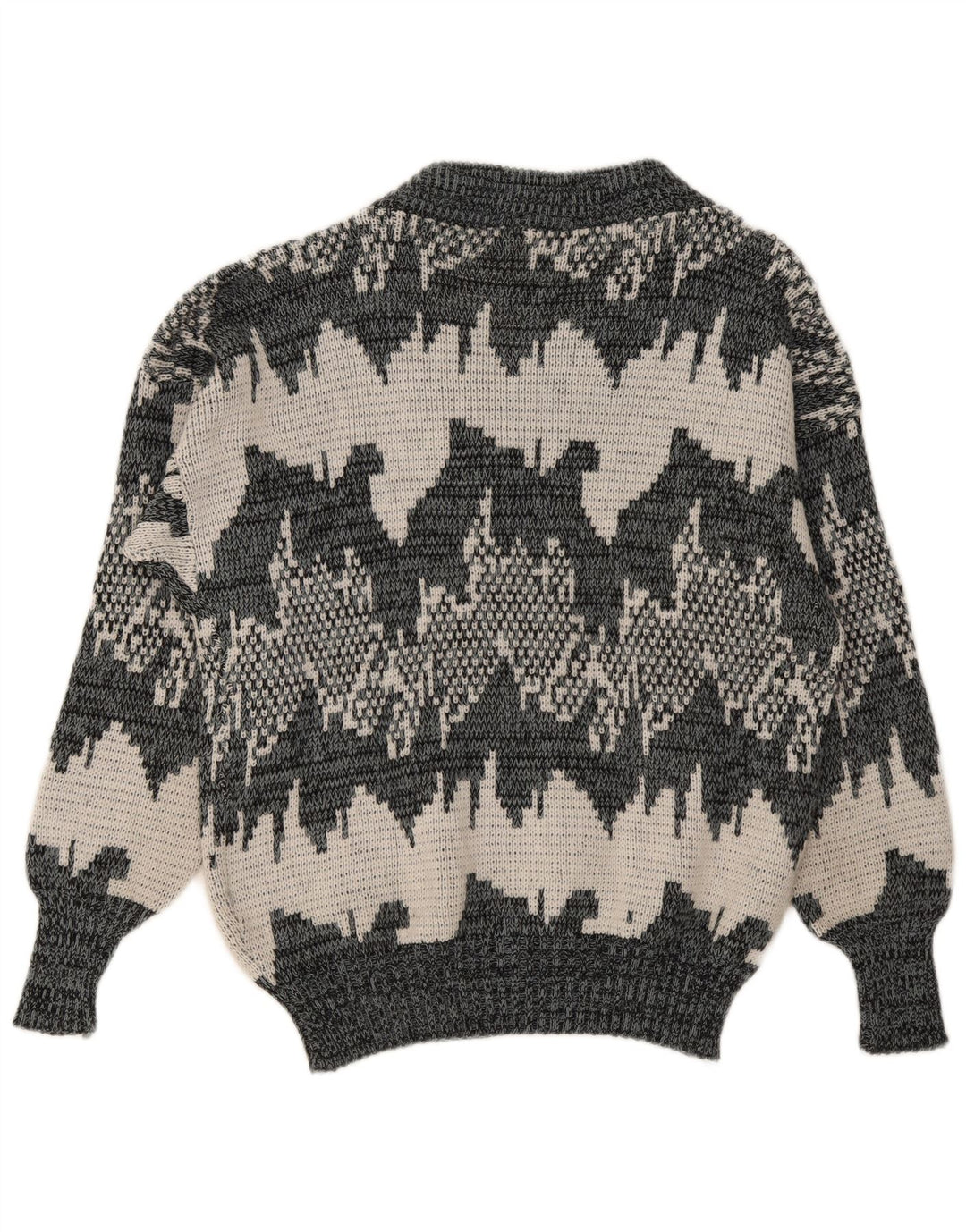 Suéter masculino vintage com padrão abstrato com decote em V cinza médio geométrico