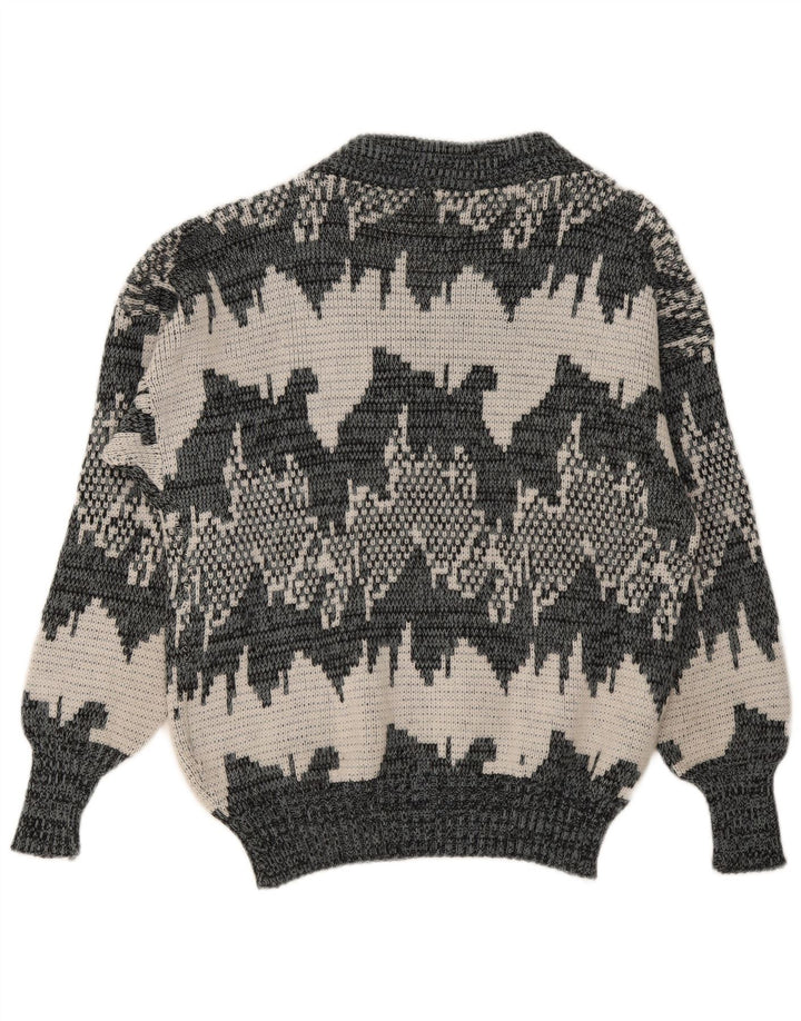Suéter masculino vintage com padrão abstrato com decote em V cinza médio geométrico
