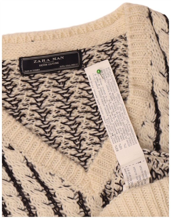 Suéter masculino Zara com decote em V grande acrílico listrado branco