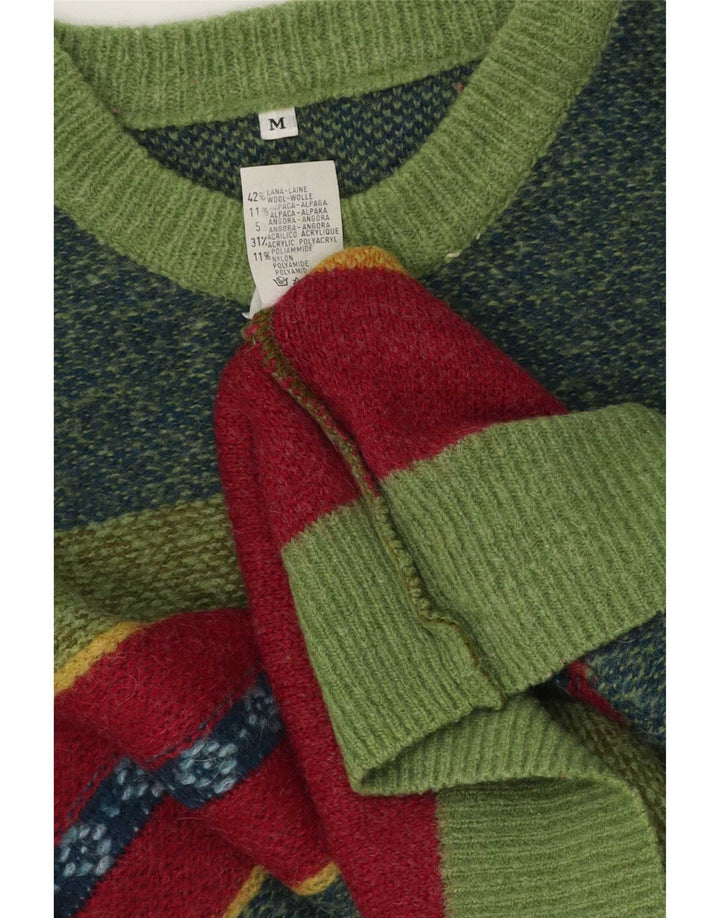Suéter vintage masculino com gola redonda, lã listrada verde média