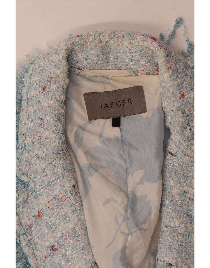 Jaeger Jaqueta Blazer Feminina Aberta Reino Unido 14 Algodão Listrado Azul Médio