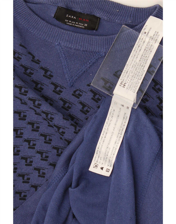 Zara Top gráfico masculino de manga comprida médio azul marinho algodão geométrico