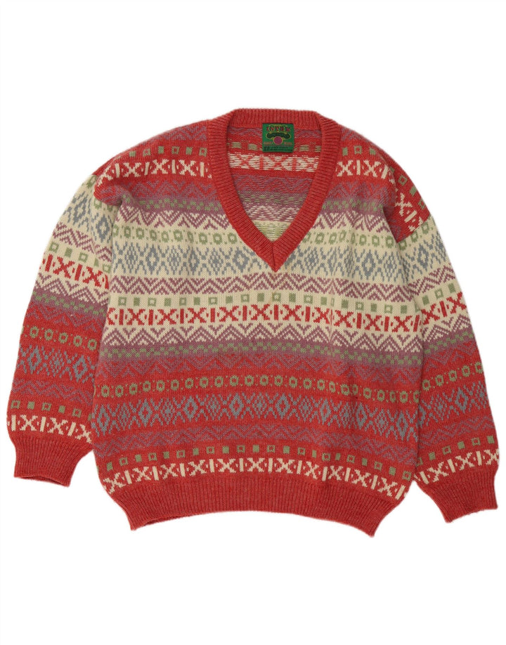 Suéter vintage masculino com decote em V grande lã Fair Isle multicolorida