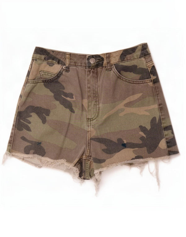 Shorts jeans feminino Topshop Mom Reino Unido 8 pequeno W26 algodão camuflado cáqui