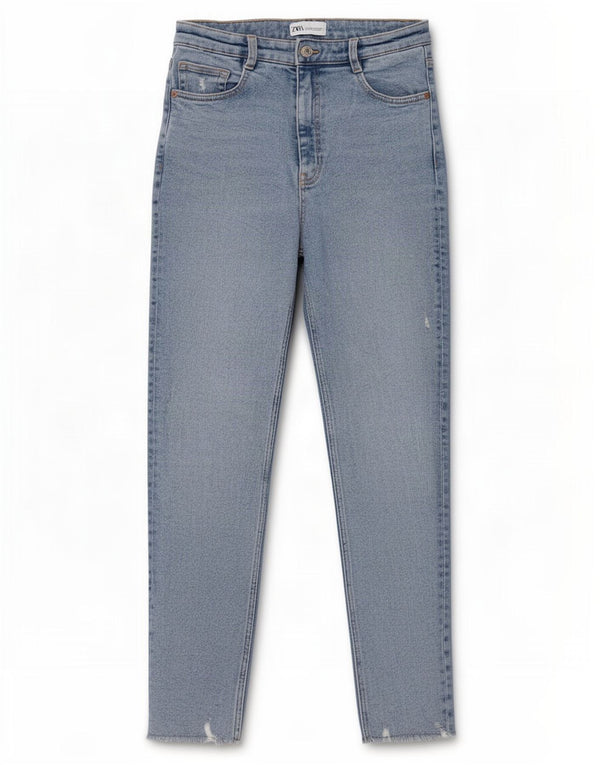 Zara Jeans feminino cintura alta slim UE 38 pequeno W28 L27 algodão azul