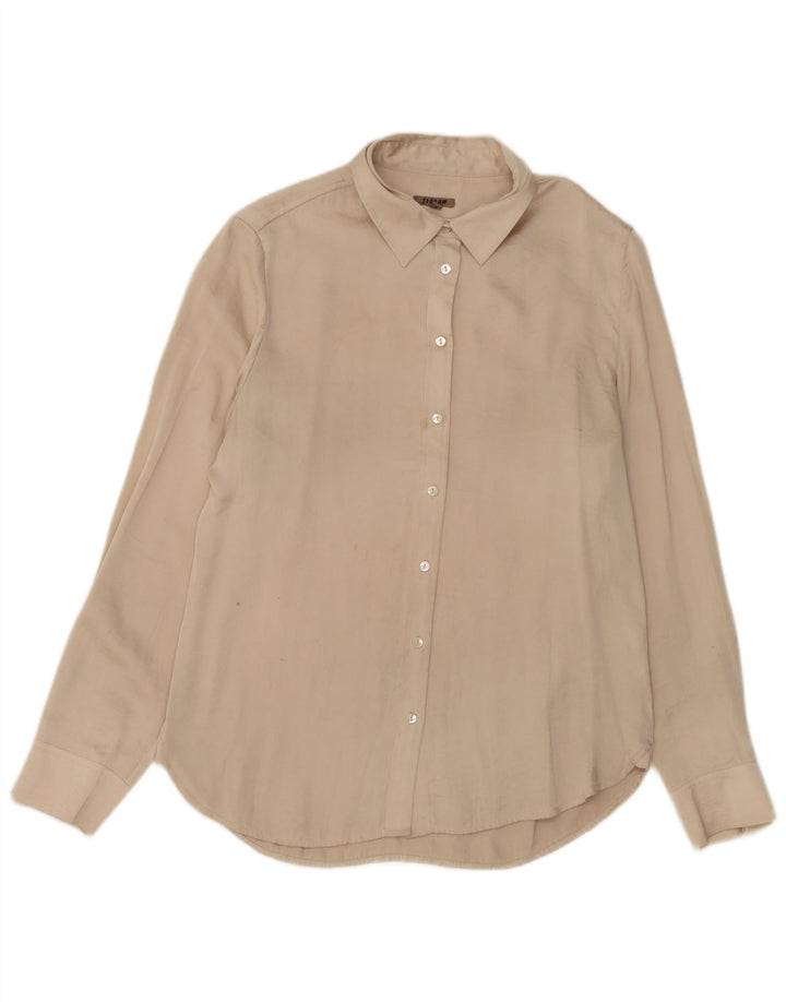 Camisa feminina Jigsaw UK 12 poliéster bege médio