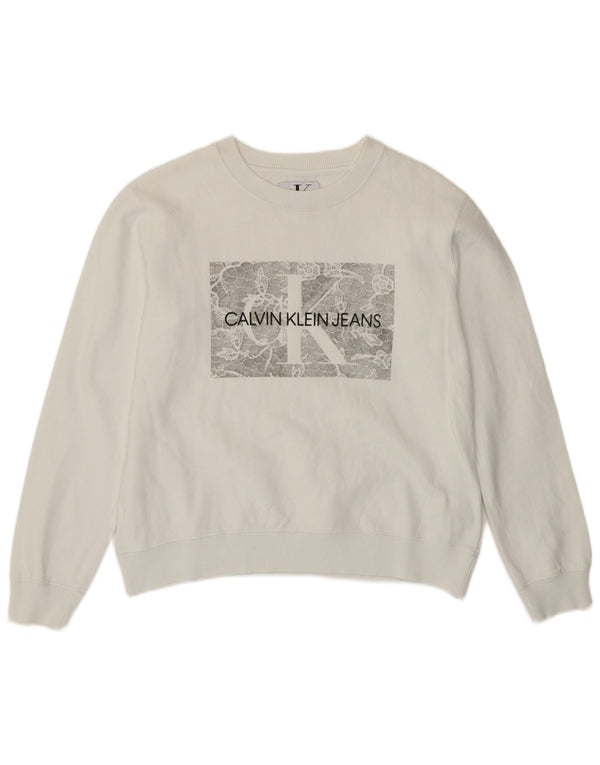 Calvin Klein moletom gráfico feminino jumper UK 10 pequeno algodão branco