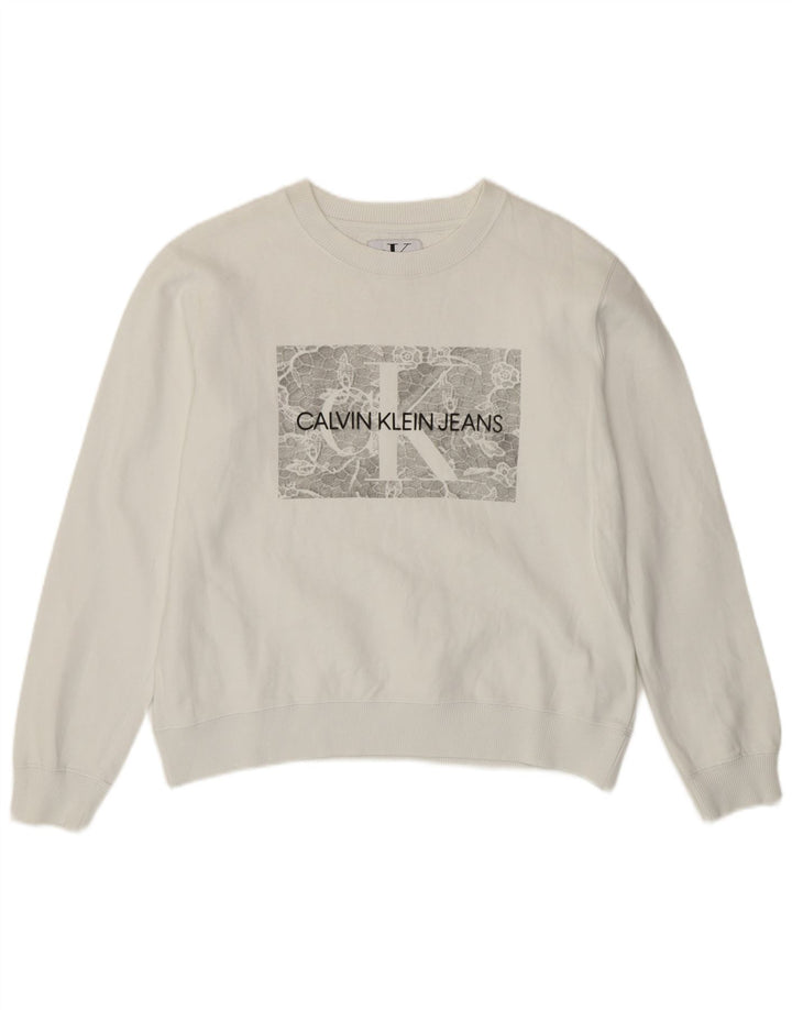 Calvin Klein moletom gráfico feminino jumper UK 10 pequeno algodão branco