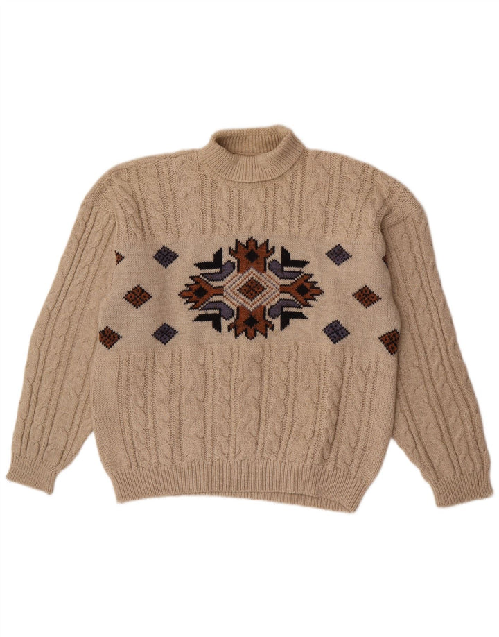 Suéter masculino vintage com gola redonda, meio bege geométrico