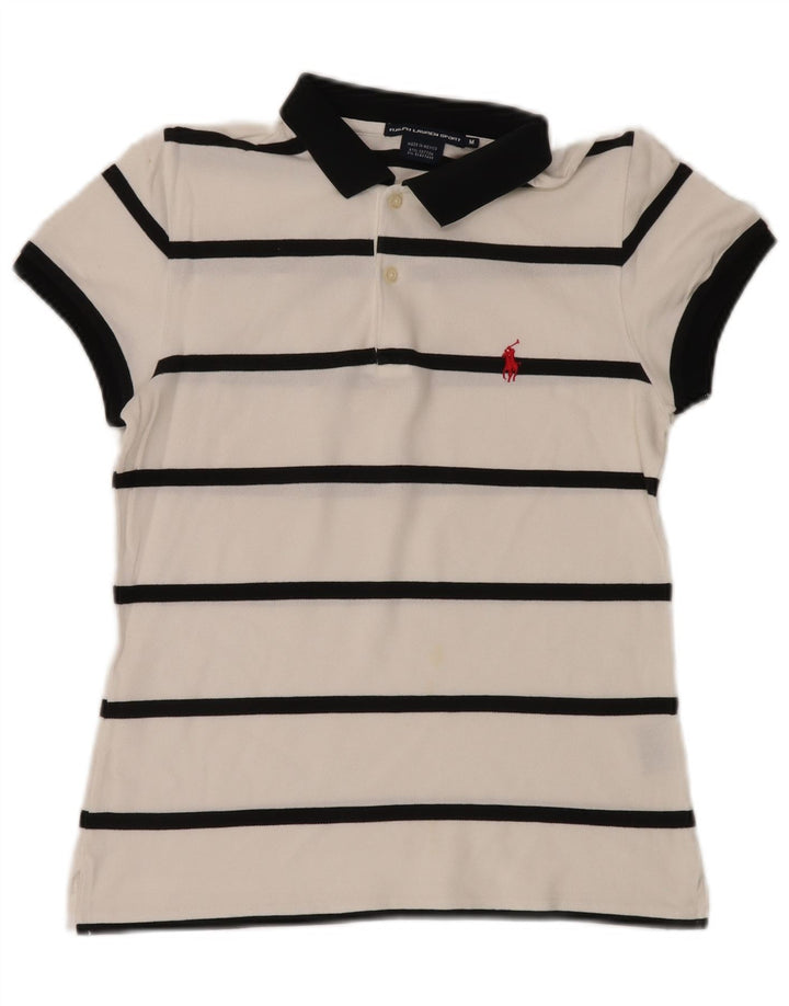 Camisa polo feminina de rugby RALPH LAUREN Reino Unido 12 algodão listrado branco médio