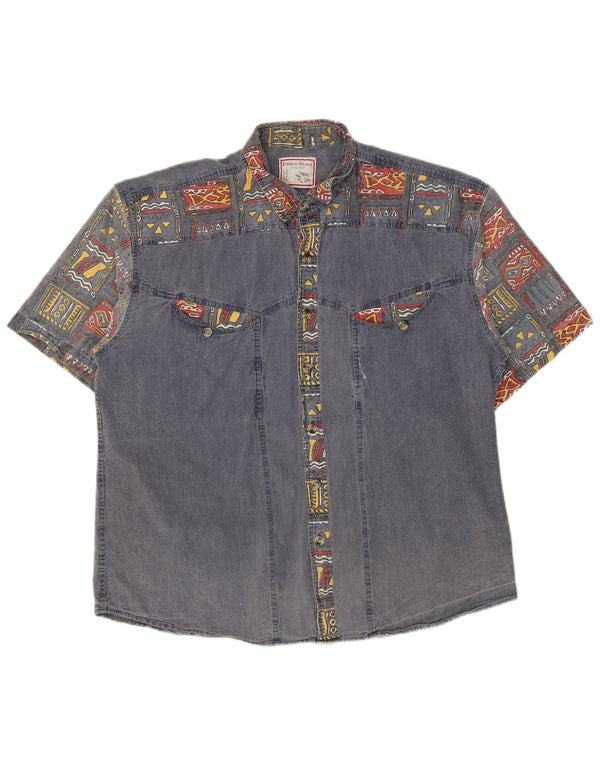 Camisa jeans masculina vintage de manga curta XL azul marinho algodão geométrico
