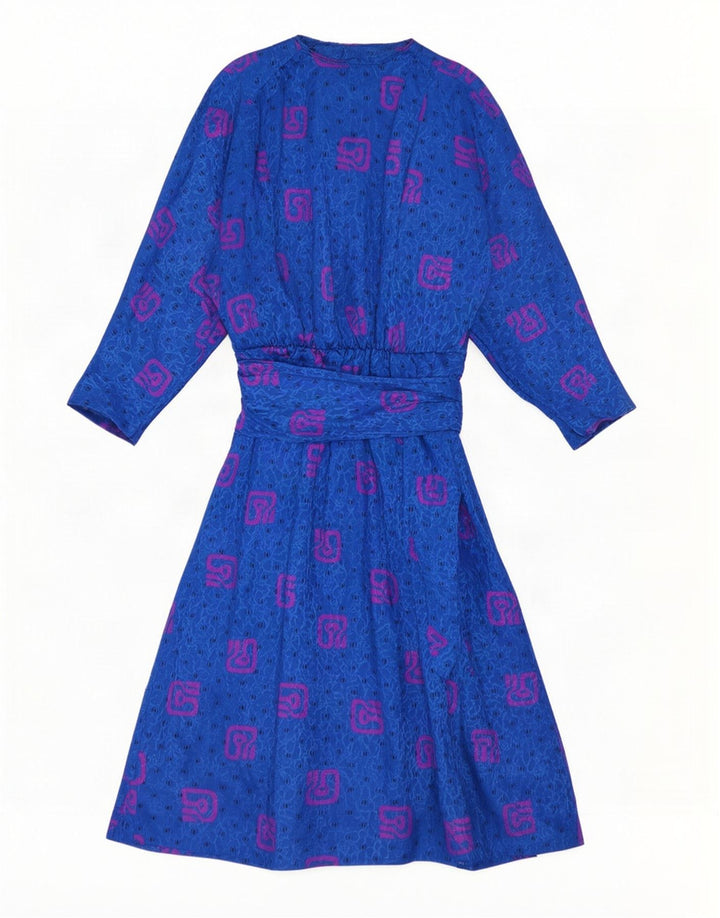 Vestido maxi feminino vintage com estampa abstrata de manga comprida Reino Unido 10 pequeno azul