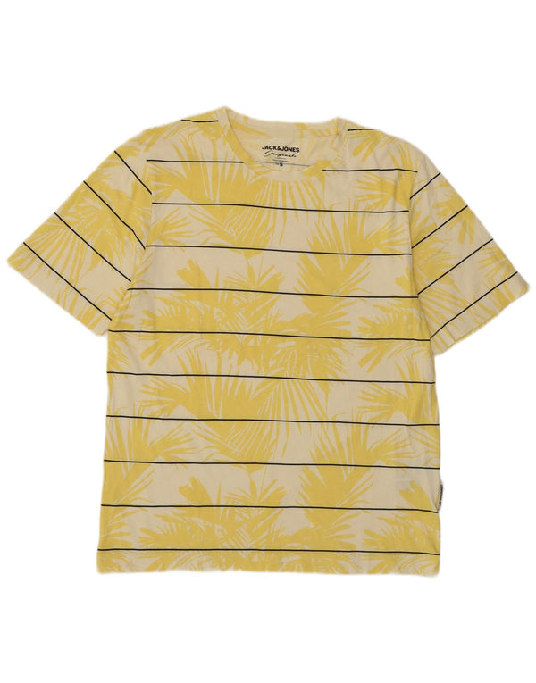 Camiseta masculina Jack & Jones Top pequena listrada amarela de algodão havaiano