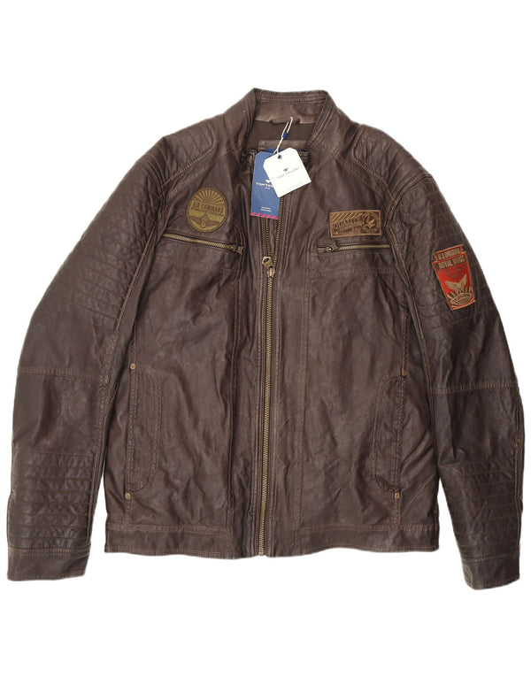 Jaqueta aviadora masculina Tom Tailor Racer de couro falso Reino Unido 42 XL marrom