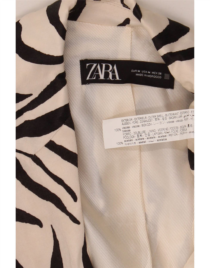 Zara Jaqueta blazer feminina manga 3/4 aberta Reino Unido 14 médio branco estampa animal