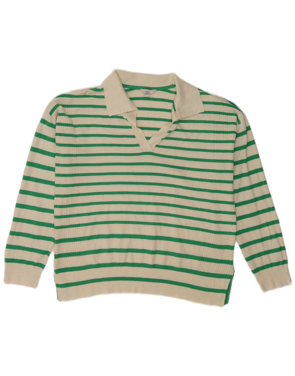 Suéter feminino M&Co com gola polo e viscose listrada branca grande Reino Unido 14