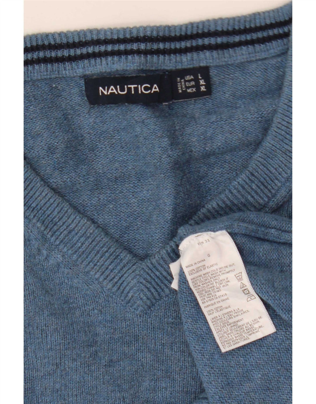 Suéter masculino Nautica com decote em V grande algodão azul