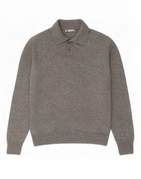 Zara Suéter masculino com gola polo e lã cinza grande
