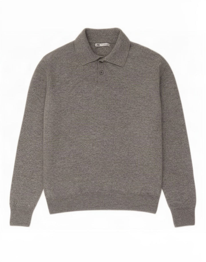 Zara Suéter masculino com gola polo e lã cinza grande