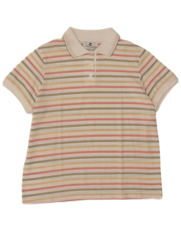 Suéter feminino vintage com gola polo UK 14 listrado médio multicolorido