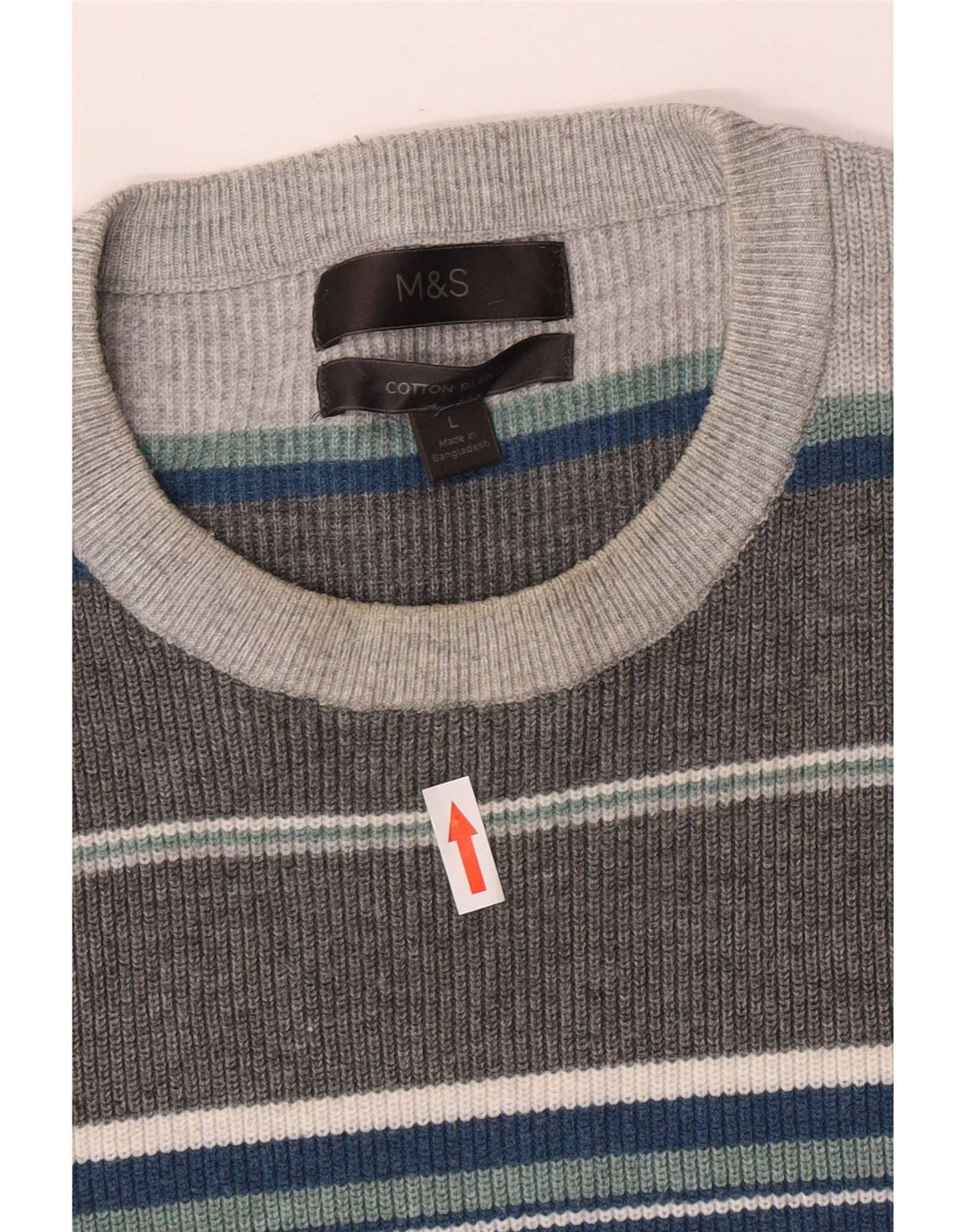 Suéter masculino Marks & Spencer com gola redonda, grande poliéster listrado cinza