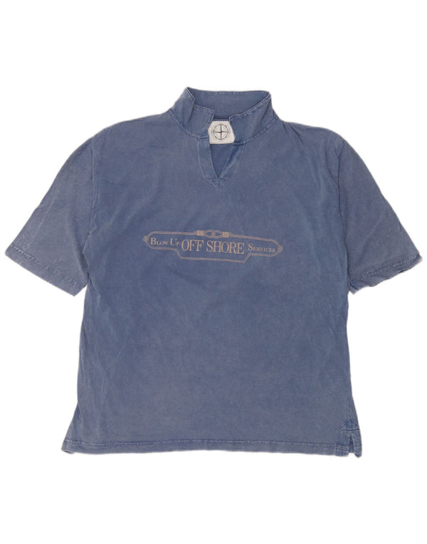 Camiseta masculina vintage com estampa gráfica grande azul