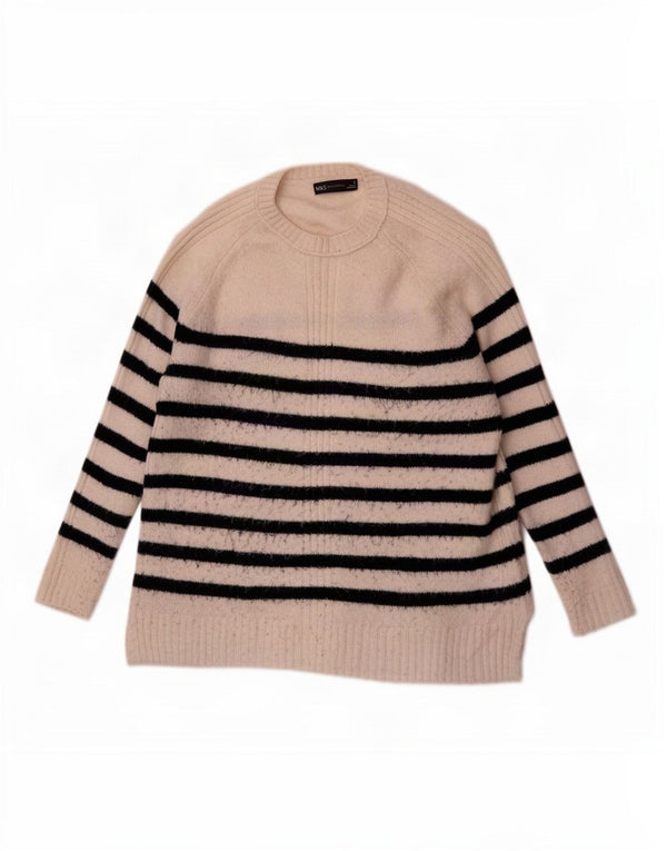 Suéter feminino Marks & Spencer com gola redonda UK 14 listrado branco médio