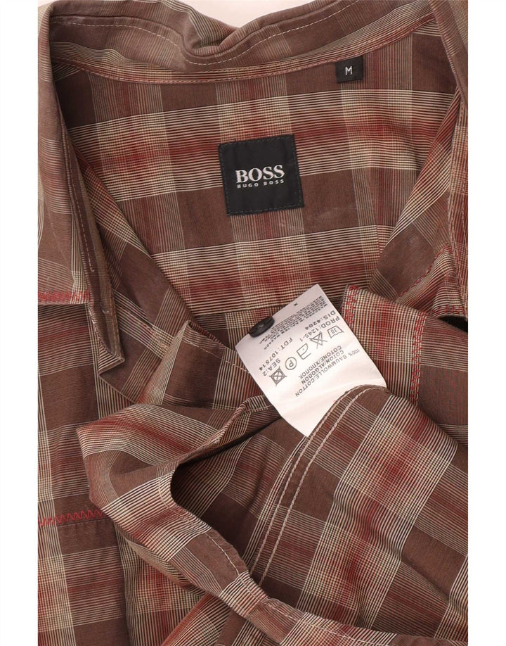 Camisa masculina Hugo Boss de algodão xadrez marrom médio