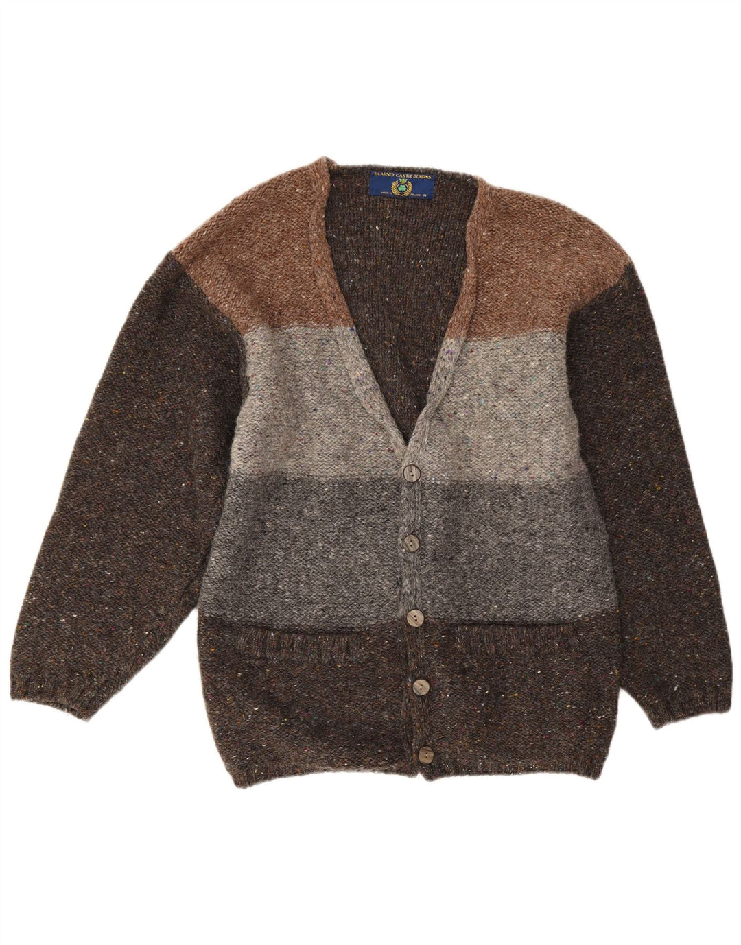 Blarney Castle Suéter cardigã masculino cinza médio colorblock lã nova