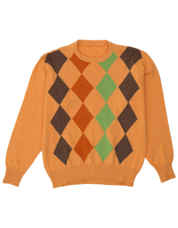 Suéter vintage masculino com gola redonda, médio, laranja, argyle/diamante
