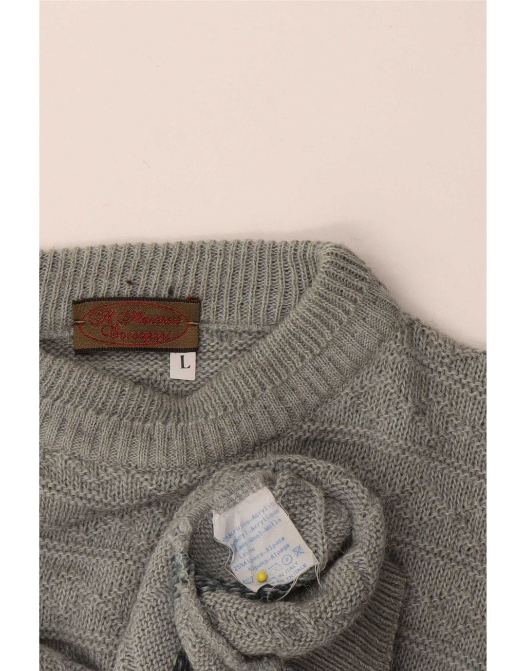 Suéter vintage masculino com gola redonda, grande acrílico geométrico cinza