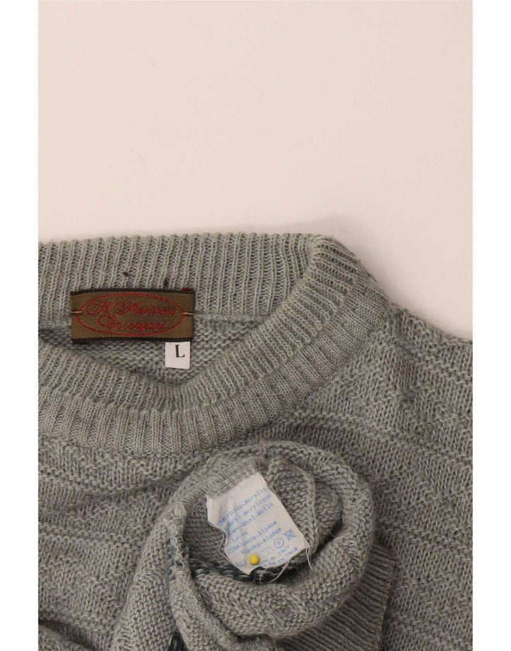 Suéter vintage masculino com gola redonda, grande acrílico geométrico cinza